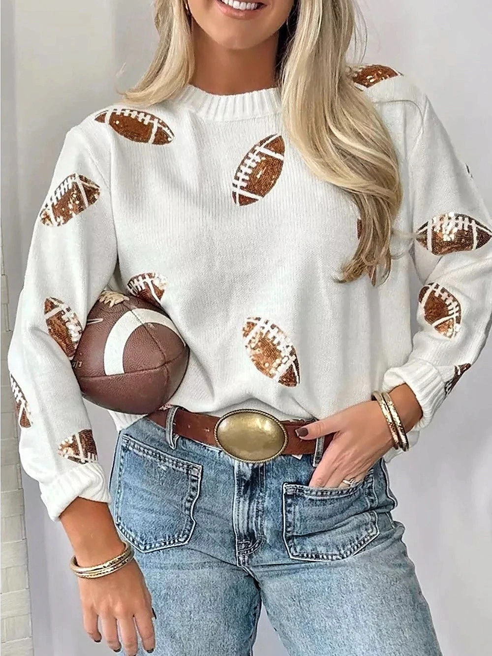Football Print Crewneck Sweater in White & Brown New